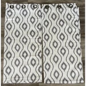 2 Gray & White Grommet Panel Window Drapes 84" Long x 39" Wide Geometric